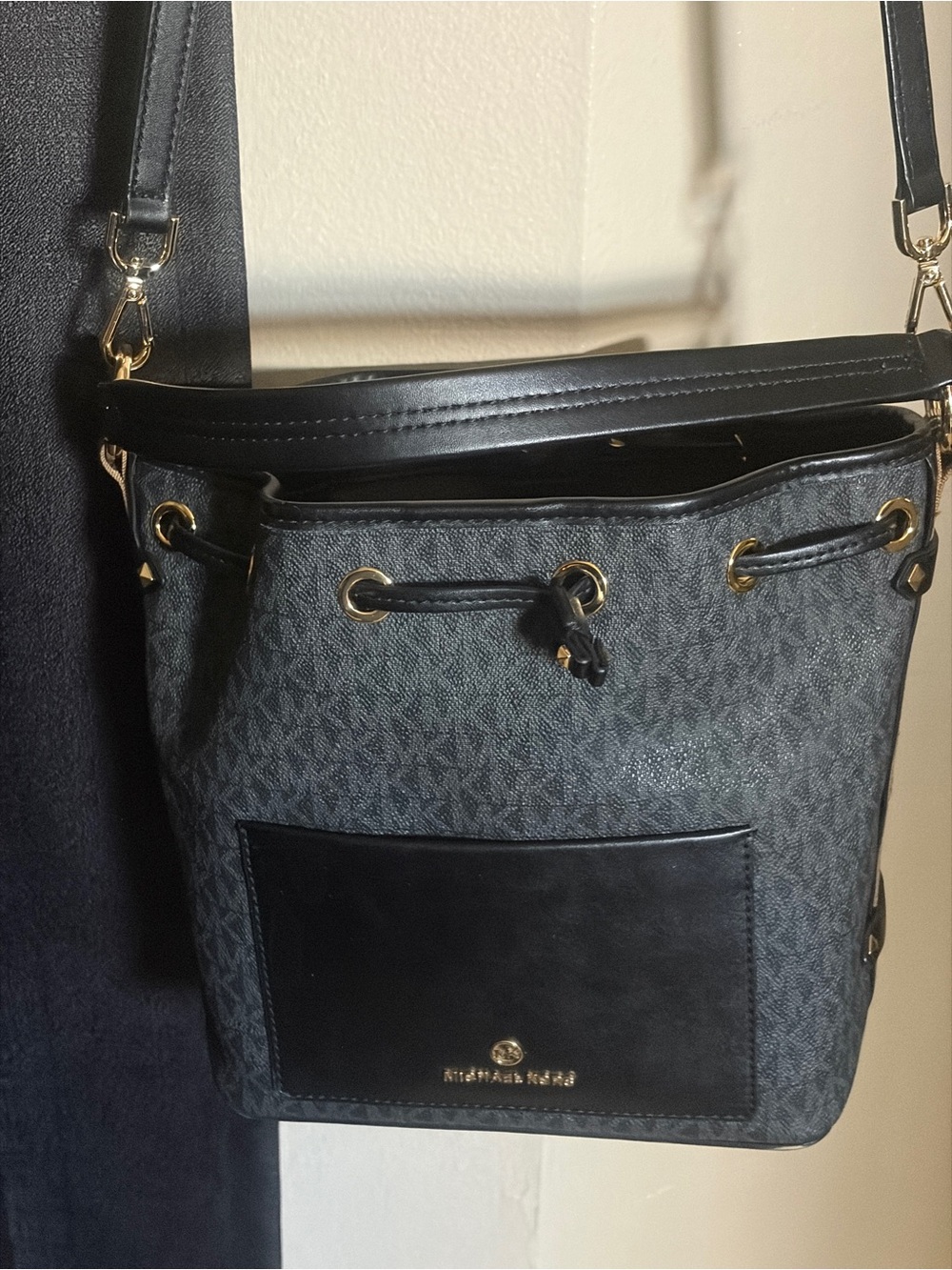 Michael Kors Black and Gray Logo Drawstring Crossbody Bag